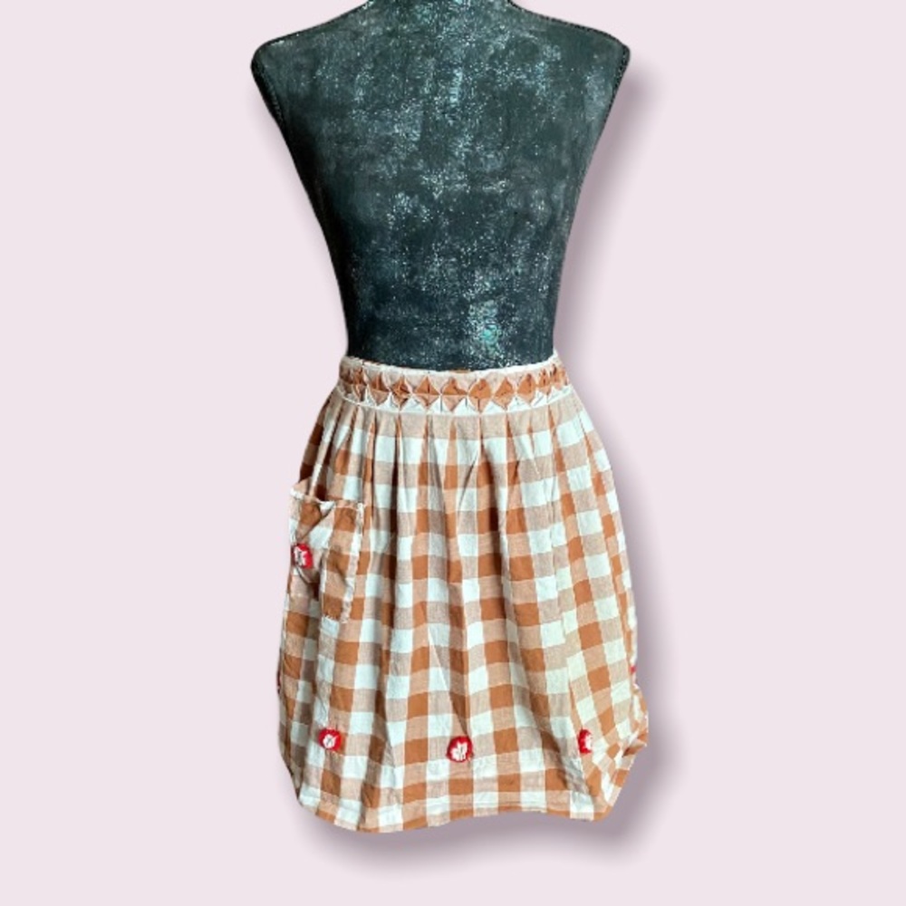 Vintage Brown Embroidered Gingham  Apron with Red & White Flowers